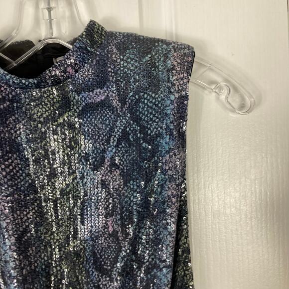 NWOT ASOS Dress 4 Blue Iridescent Sequins Snakeskin High-Neck Shoulder-Pad Zip - Picture 6 of 16